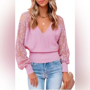 Pink Lace Sleeve V-Neck Ribbed Knit Sweater | Romantic Chic Pullover | Size L
